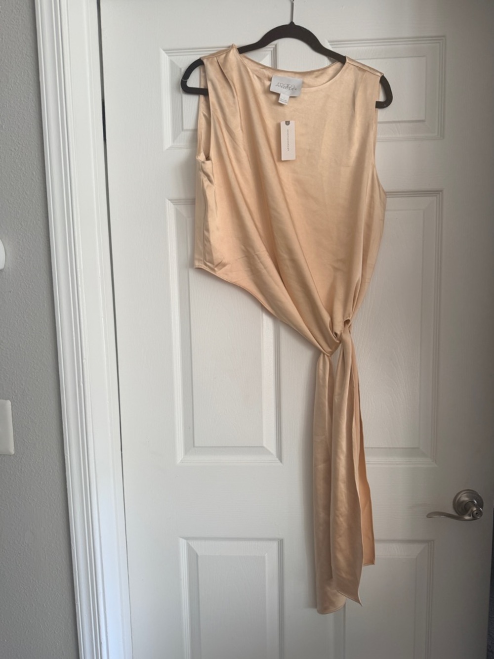 Sleeveless Satin Tie-Front top in tan